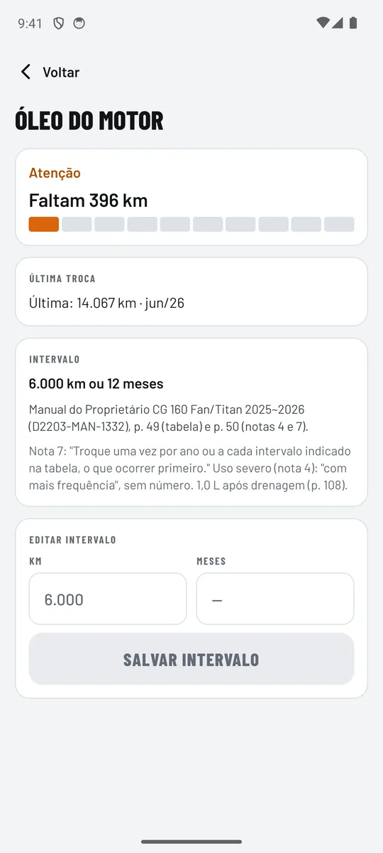 Tela do óleo do motor: em atenção, faltam 396 km, última troca em 14.067 km, intervalo de 6.000 km ou 12 meses e a fonte, Manual do Proprietário, página 49.