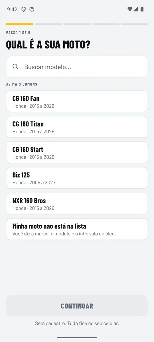 Primeira etapa do app perguntando qual é a moto, com CG 160 Fan, CG 160 Titan e Biz 125 na lista.